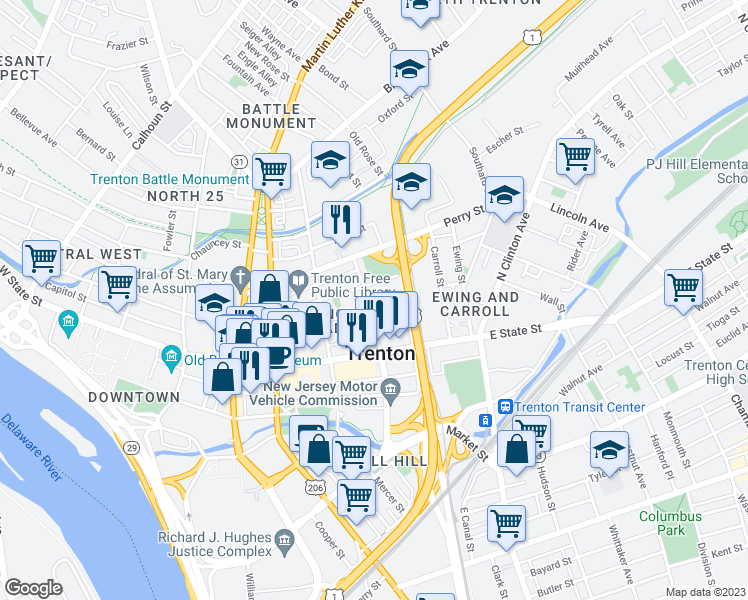 map of restaurants, bars, coffee shops, grocery stores, and more near 54 North Stockton Street in Trenton