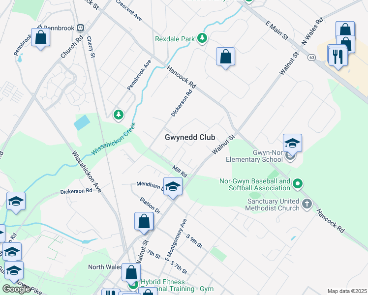 map of restaurants, bars, coffee shops, grocery stores, and more near 1 Kearney Drive in North Wales