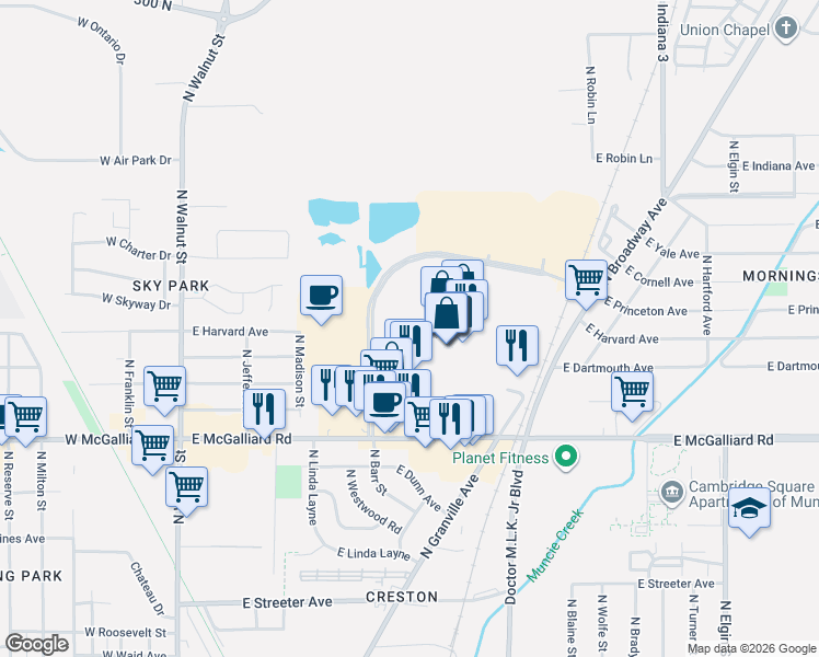 map of restaurants, bars, coffee shops, grocery stores, and more near 3300-3498 East Princeton Avenue in Muncie