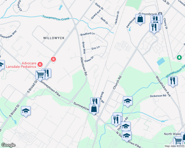 map of restaurants, bars, coffee shops, grocery stores, and more near 174 Providence Lane in Lansdale