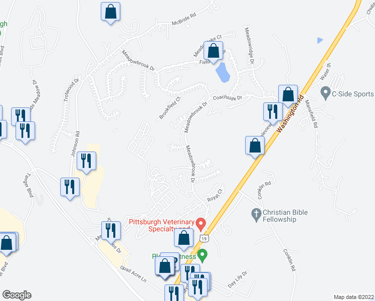 map of restaurants, bars, coffee shops, grocery stores, and more near 1328 Meadowbrook Drive in Canonsburg