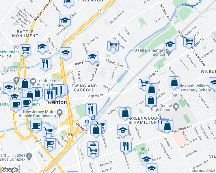 map of restaurants, bars, coffee shops, grocery stores, and more near 74 Wall Street in Trenton