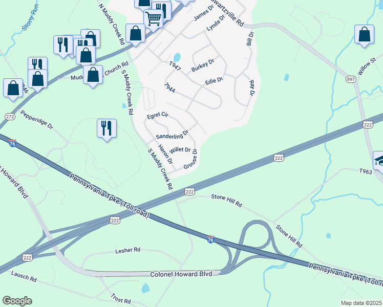 map of restaurants, bars, coffee shops, grocery stores, and more near 57 Grouse Drive in Denver