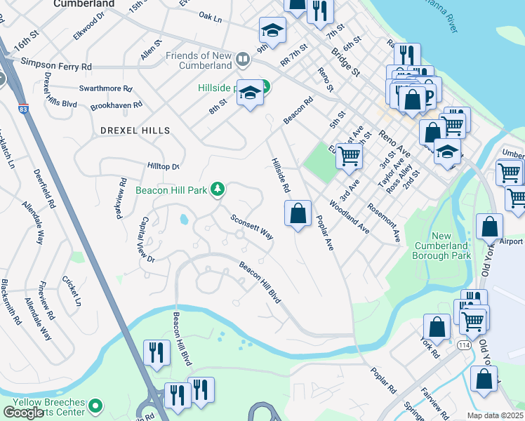 map of restaurants, bars, coffee shops, grocery stores, and more near 1654 Lowell Lane in New Cumberland