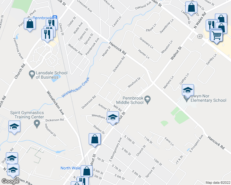 map of restaurants, bars, coffee shops, grocery stores, and more near 9 Kearney Drive in North Wales