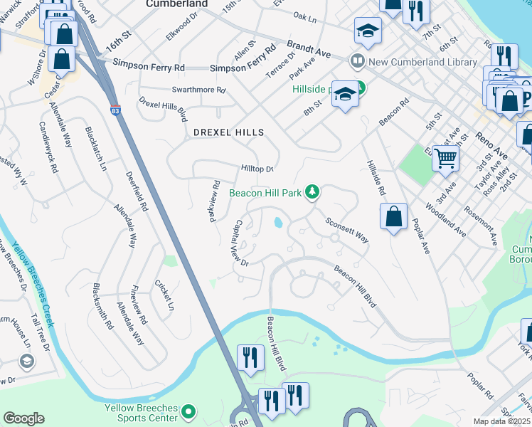 map of restaurants, bars, coffee shops, grocery stores, and more near 1700 Josiah Chowning Way in New Cumberland