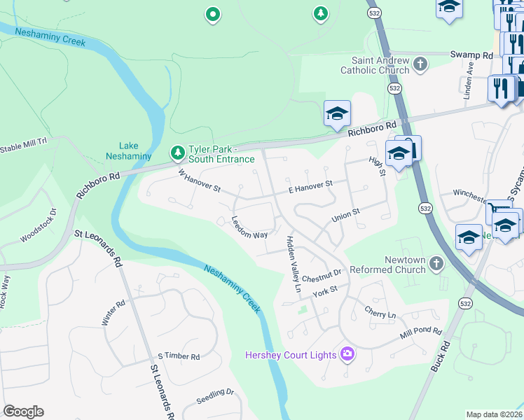 map of restaurants, bars, coffee shops, grocery stores, and more near 135 Leedom Way in Newtown