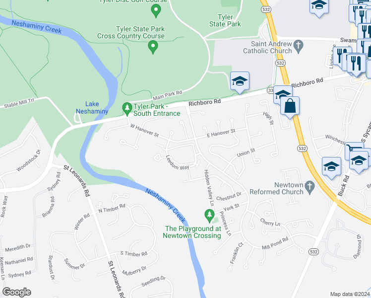 map of restaurants, bars, coffee shops, grocery stores, and more near 126 Leedom Way in Newtown
