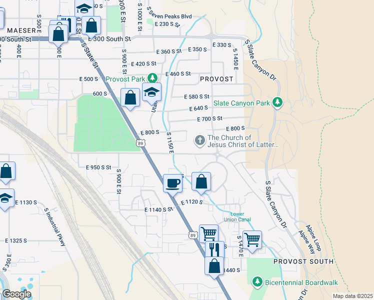 map of restaurants, bars, coffee shops, grocery stores, and more near 1233 East 900 South in Provo