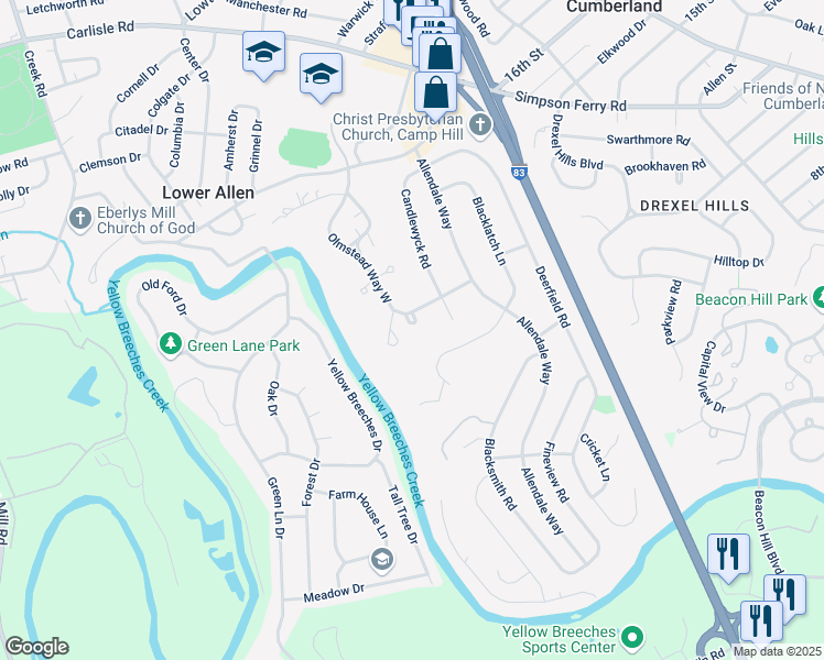 map of restaurants, bars, coffee shops, grocery stores, and more near 1756 Marlin Ridge in Camp Hill