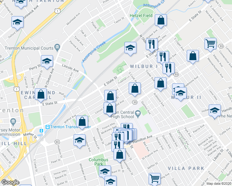 map of restaurants, bars, coffee shops, grocery stores, and more near 263 Walnut Avenue in Trenton