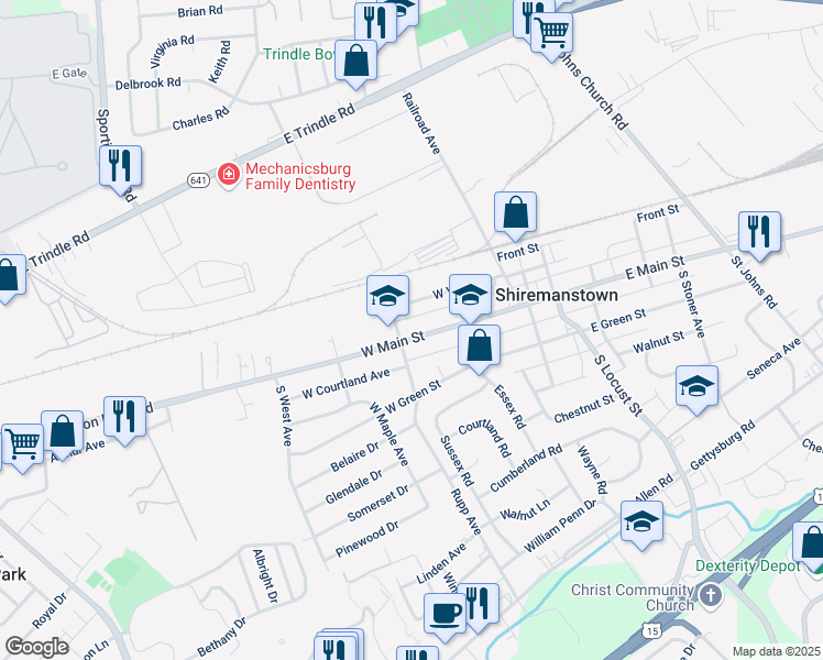 map of restaurants, bars, coffee shops, grocery stores, and more near 123 West Main Street in Shiremanstown