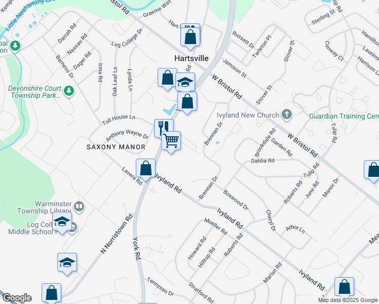 map of restaurants, bars, coffee shops, grocery stores, and more near 1155 York Road in Warminster