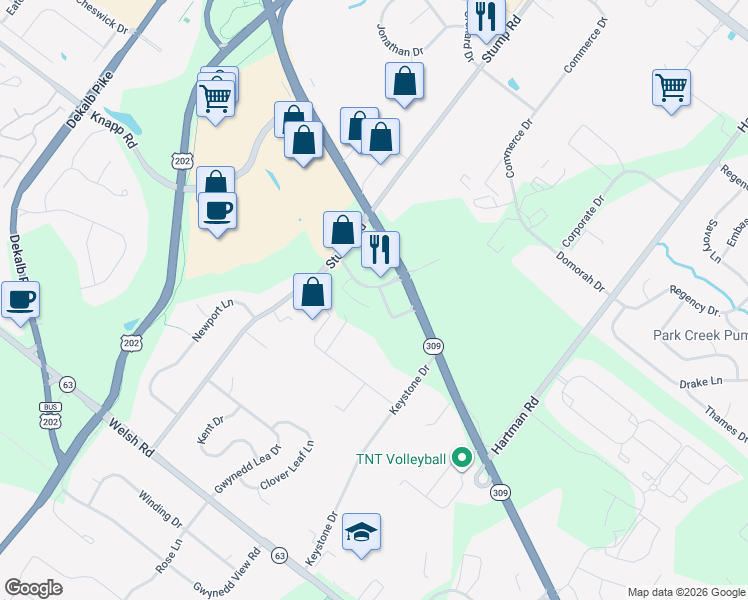 map of restaurants, bars, coffee shops, grocery stores, and more near 1000-1032 Bethlehem Pike in North Wales