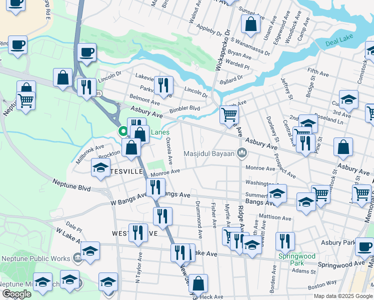 map of restaurants, bars, coffee shops, grocery stores, and more near 117 Anelve Ave in Neptune Township
