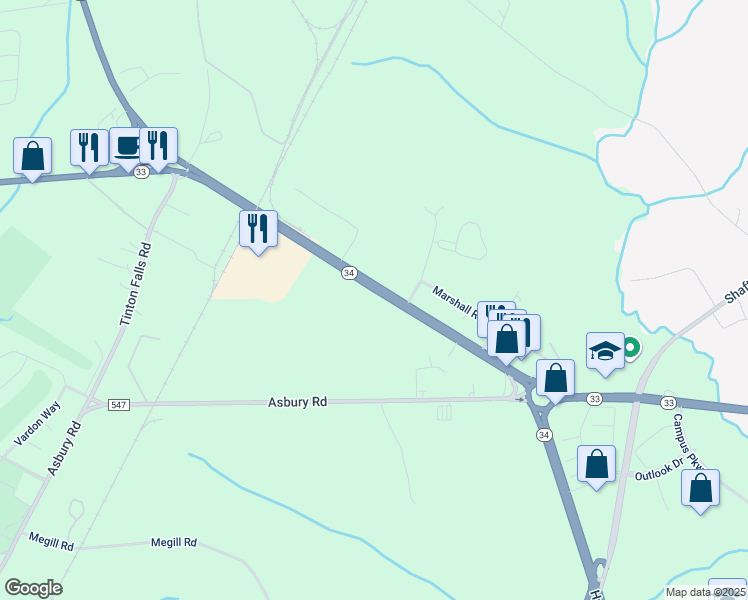 map of restaurants, bars, coffee shops, grocery stores, and more near 5207 New Jersey 33 in Wall Township