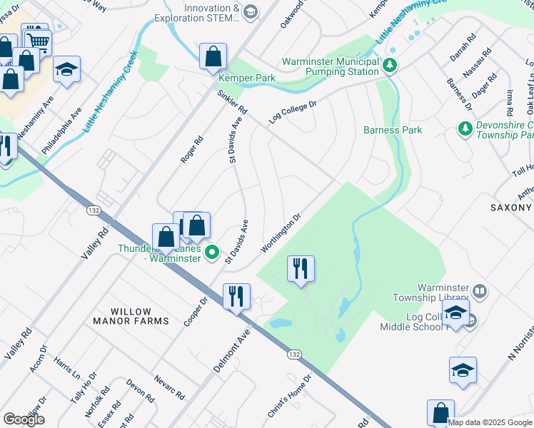 map of restaurants, bars, coffee shops, grocery stores, and more near 733 Pelham Avenue in Warminster