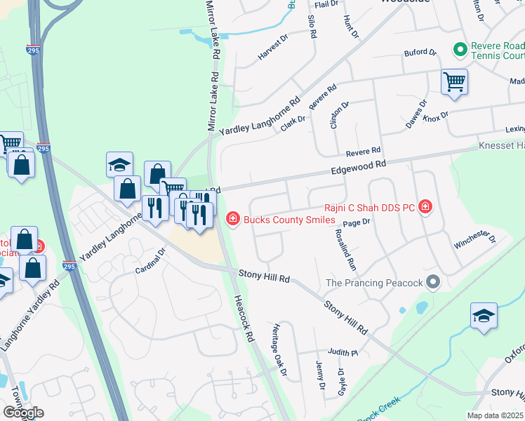 map of restaurants, bars, coffee shops, grocery stores, and more near 1590 Candace Lane in Yardley