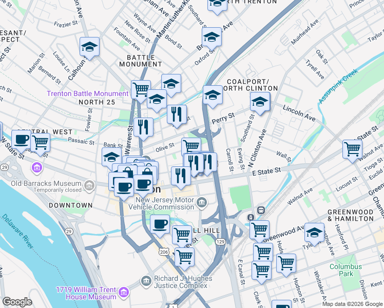 map of restaurants, bars, coffee shops, grocery stores, and more near 54 North Stockton Street in Trenton