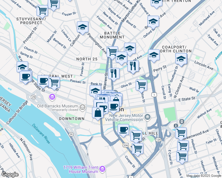 map of restaurants, bars, coffee shops, grocery stores, and more near 159 North Broad Street in Trenton