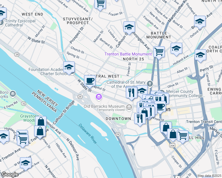 map of restaurants, bars, coffee shops, grocery stores, and more near 215 West Hanover Street in Trenton