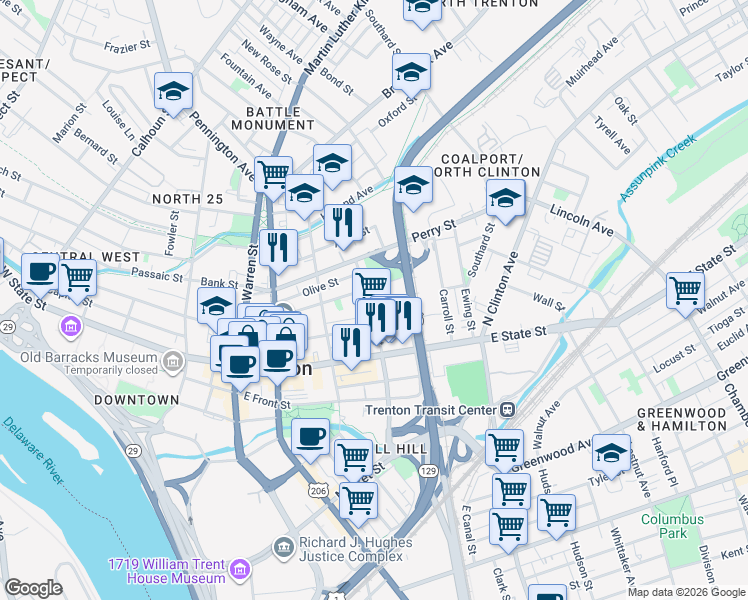 map of restaurants, bars, coffee shops, grocery stores, and more near 54 North Stockton Street in Trenton