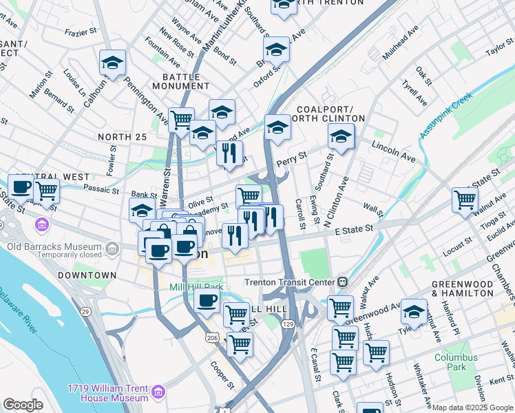 map of restaurants, bars, coffee shops, grocery stores, and more near 20 Commerce Street in Trenton