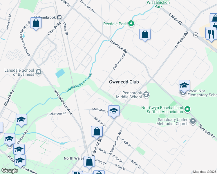 map of restaurants, bars, coffee shops, grocery stores, and more near 16 Kerwick Ct in North Wales