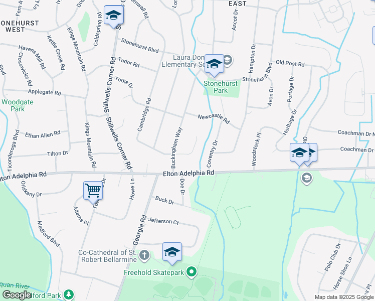 map of restaurants, bars, coffee shops, grocery stores, and more near 43 Cambridge Road in Freehold