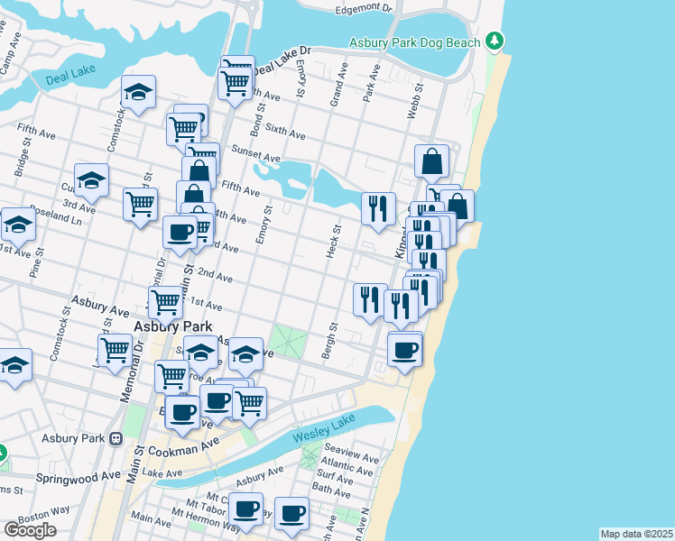 map of restaurants, bars, coffee shops, grocery stores, and more near 305 3rd Avenue in Asbury Park