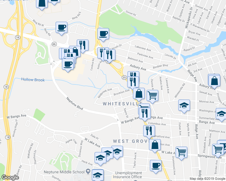 map of restaurants, bars, coffee shops, grocery stores, and more near 1804 Millbrook Avenue in Neptune City