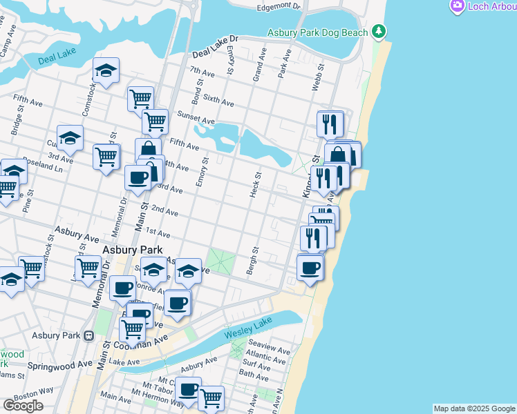 map of restaurants, bars, coffee shops, grocery stores, and more near 305 3rd Avenue in Asbury Park