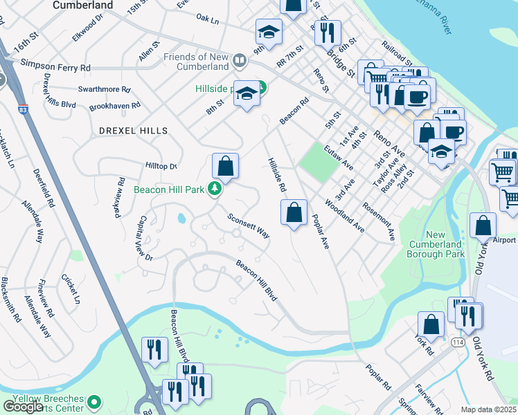 map of restaurants, bars, coffee shops, grocery stores, and more near 1654 Lowell Lane in New Cumberland