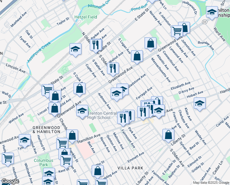 map of restaurants, bars, coffee shops, grocery stores, and more near 251 South Walter Avenue in Trenton