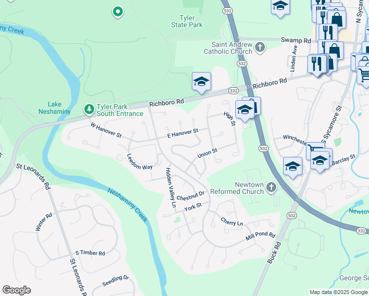 map of restaurants, bars, coffee shops, grocery stores, and more near 143 Commonwealth Drive in Newtown