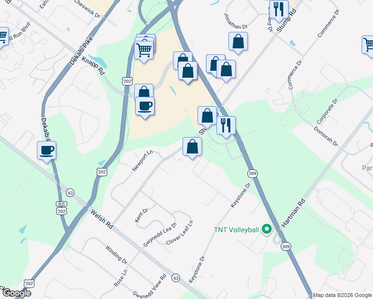 map of restaurants, bars, coffee shops, grocery stores, and more near 310 Stump Road in North Wales