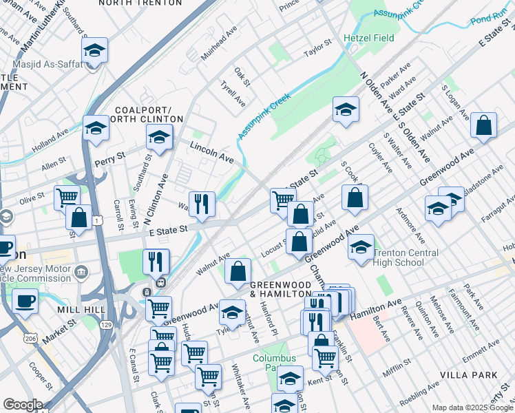 map of restaurants, bars, coffee shops, grocery stores, and more near in Trenton