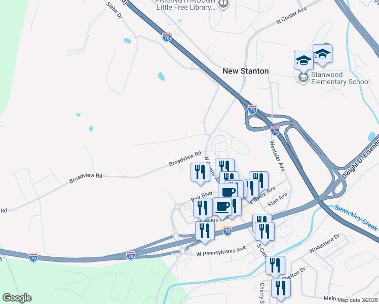 map of restaurants, bars, coffee shops, grocery stores, and more near 116 Broadview Road in New Stanton