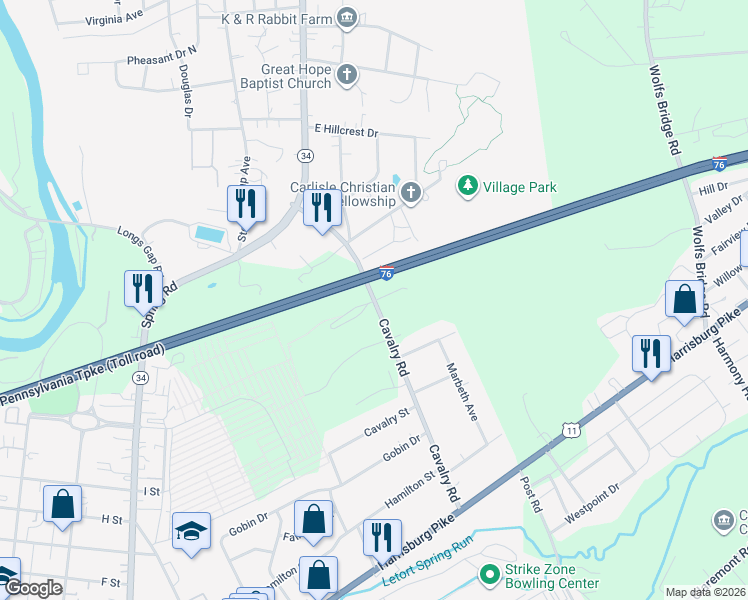map of restaurants, bars, coffee shops, grocery stores, and more near 504 Cavalry Road in Carlisle