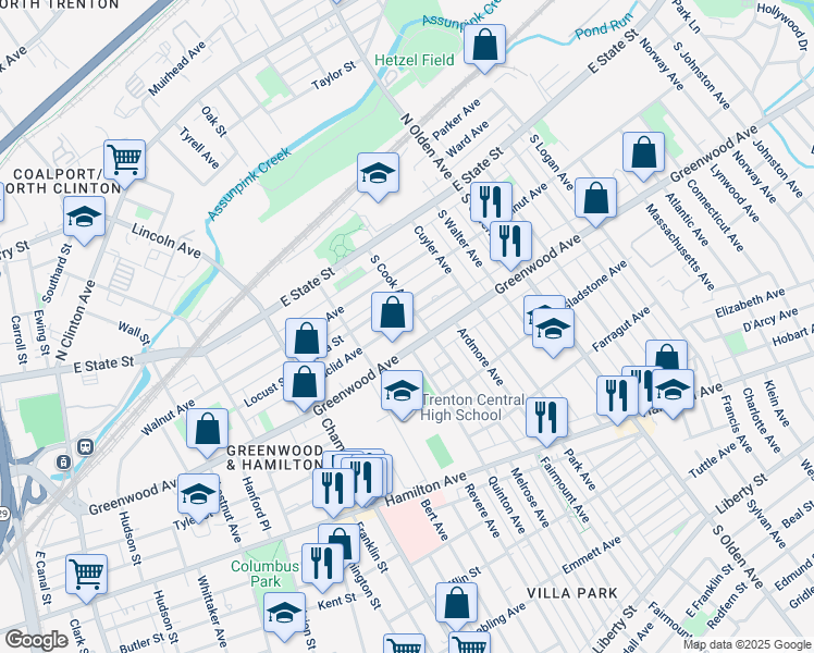 map of restaurants, bars, coffee shops, grocery stores, and more near 333 Euclid Avenue in Trenton