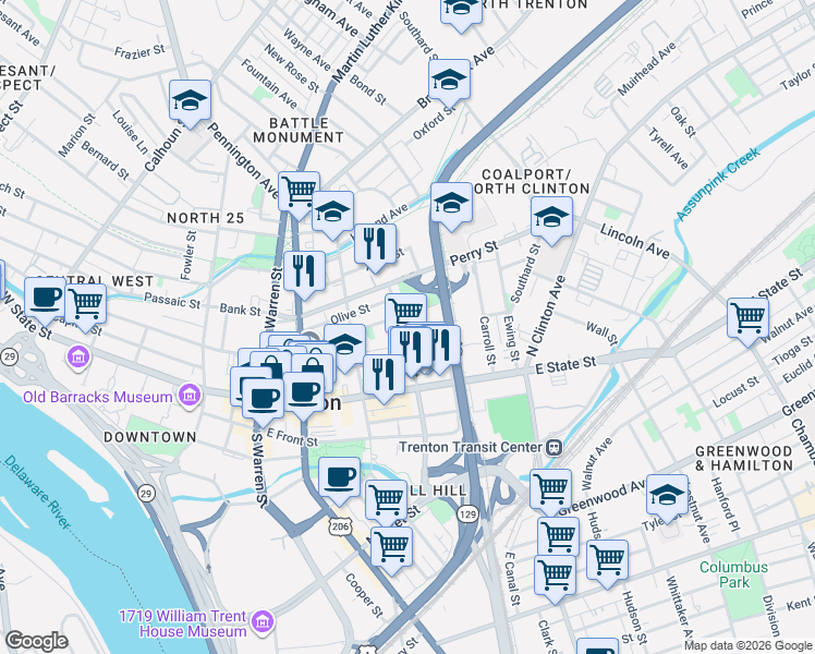 map of restaurants, bars, coffee shops, grocery stores, and more near 54 North Stockton Street in Trenton