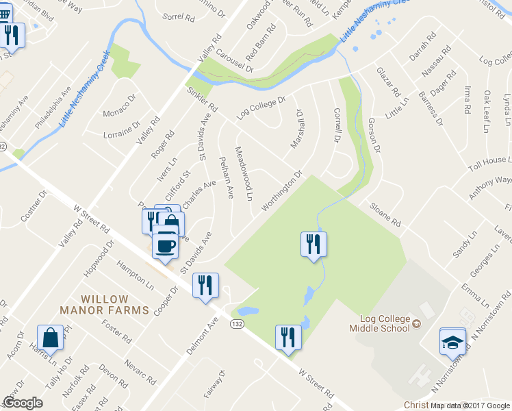 map of restaurants, bars, coffee shops, grocery stores, and more near 779 Meadowood Lane in Warminster