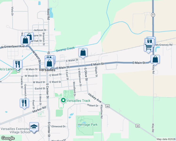 map of restaurants, bars, coffee shops, grocery stores, and more near 619 East Wood Street in Versailles