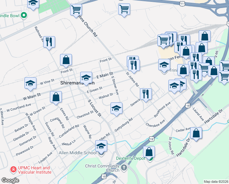 map of restaurants, bars, coffee shops, grocery stores, and more near 106 South Stoner Avenue in Shiremanstown