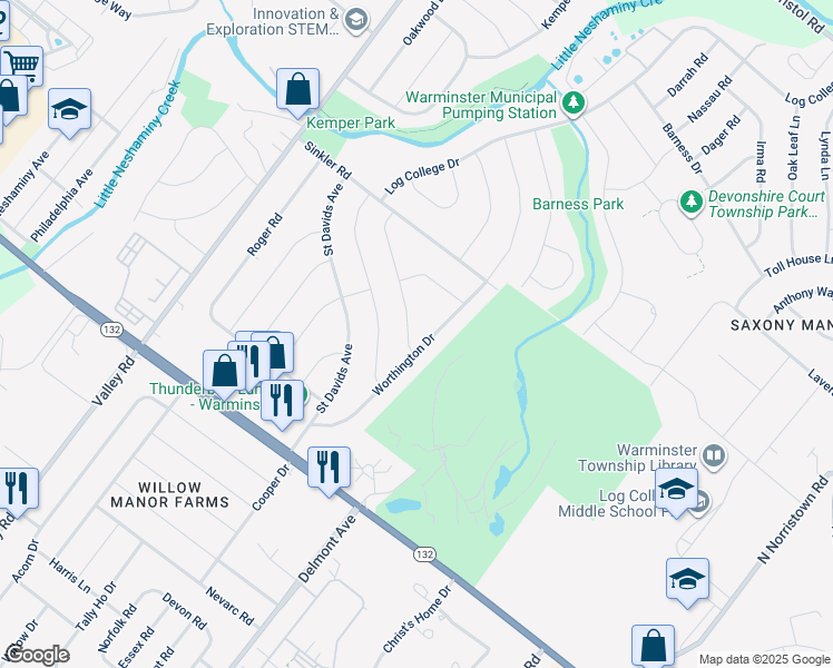 map of restaurants, bars, coffee shops, grocery stores, and more near 779 Meadowood Lane in Warminster