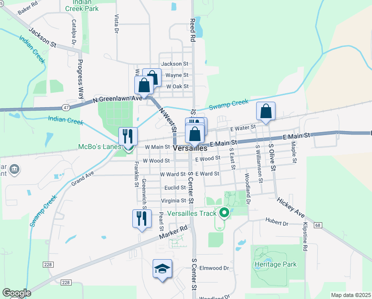 map of restaurants, bars, coffee shops, grocery stores, and more near 4 West Main Street in Versailles