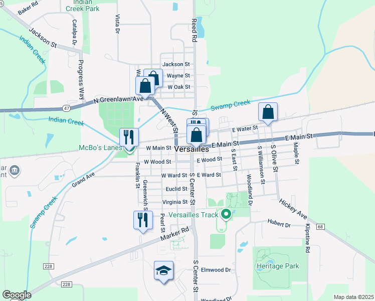 map of restaurants, bars, coffee shops, grocery stores, and more near 4 West Main Street in Versailles