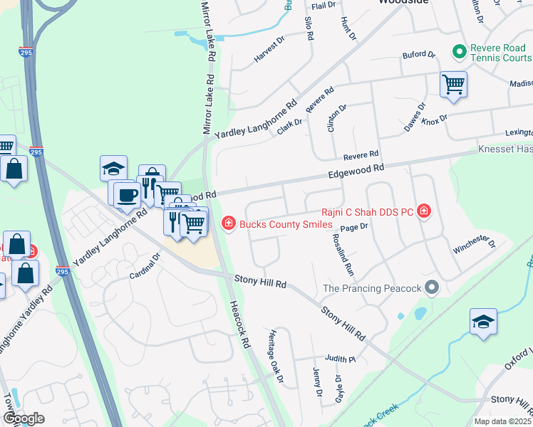 map of restaurants, bars, coffee shops, grocery stores, and more near 1590 Candace Lane in Yardley