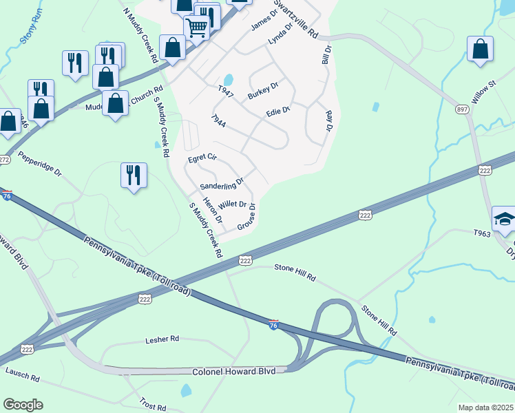 map of restaurants, bars, coffee shops, grocery stores, and more near 57 Grouse Drive in Denver