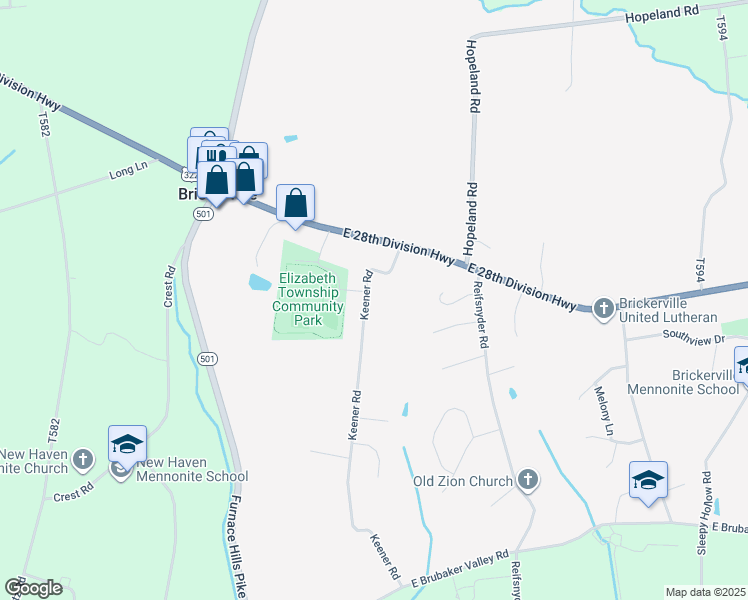 map of restaurants, bars, coffee shops, grocery stores, and more near 101 Keener Road in Lititz